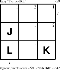 The grouppuzzles.com Easy TicTac-JKL puzzle for Sunday May 10, 2026 with all 2 steps marked