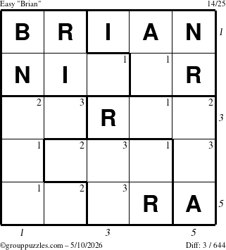 The grouppuzzles.com Easy Brian puzzle for Sunday May 10, 2026, suitable for printing, with all 3 steps marked