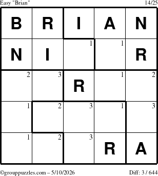 The grouppuzzles.com Easy Brian puzzle for Sunday May 10, 2026 with the first 3 steps marked