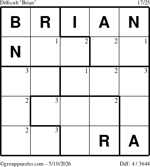The grouppuzzles.com Difficult Brian puzzle for Sunday May 10, 2026 with the first 3 steps marked
