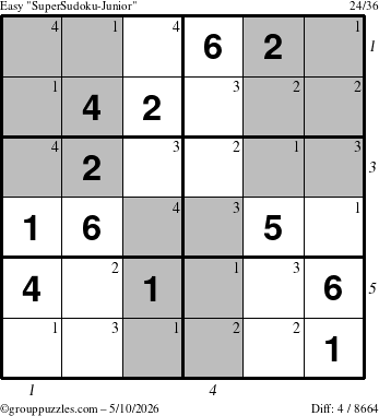 The grouppuzzles.com Easy SuperSudoku-Junior puzzle for Sunday May 10, 2026 with all 4 steps marked
