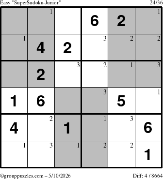 The grouppuzzles.com Easy SuperSudoku-Junior puzzle for Sunday May 10, 2026 with the first 3 steps marked