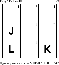 The grouppuzzles.com Easy TicTac-JKL puzzle for Sunday May 10, 2026 with the first 2 steps marked