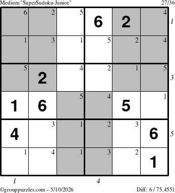 The grouppuzzles.com Medium SuperSudoku-Junior puzzle for Sunday May 10, 2026, suitable for printing, with all 6 steps marked