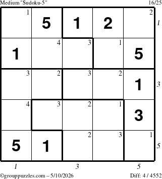 The grouppuzzles.com Medium Sudoku-5 puzzle for Sunday May 10, 2026, suitable for printing, with all 4 steps marked