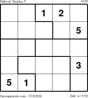 The grouppuzzles.com Difficult Sudoku-5 puzzle for Sunday May 10, 2026