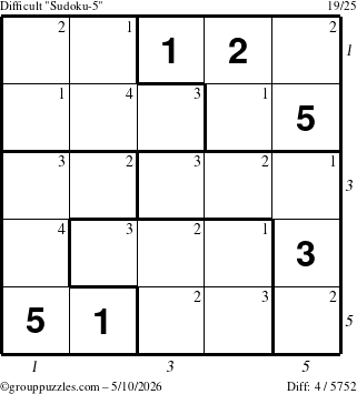 The grouppuzzles.com Difficult Sudoku-5 puzzle for Sunday May 10, 2026 with all 4 steps marked