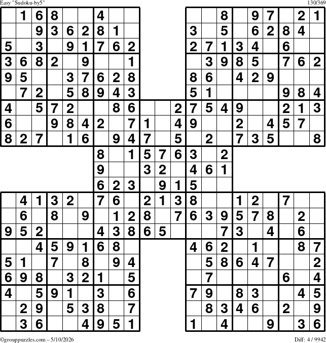The grouppuzzles.com Easy Sudoku-by5 puzzle for Sunday May 10, 2026