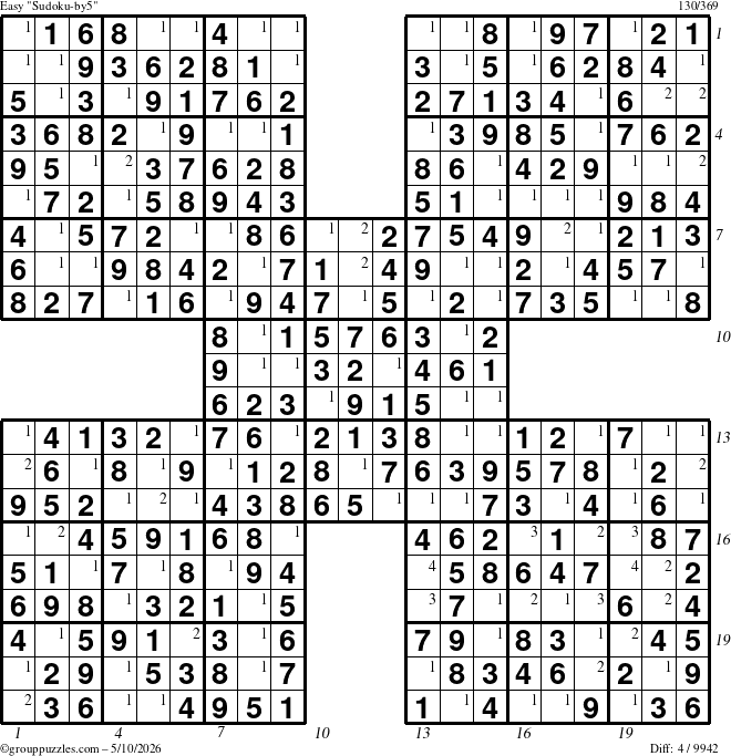 The grouppuzzles.com Easy Sudoku-by5 puzzle for Sunday May 10, 2026 with all 4 steps marked