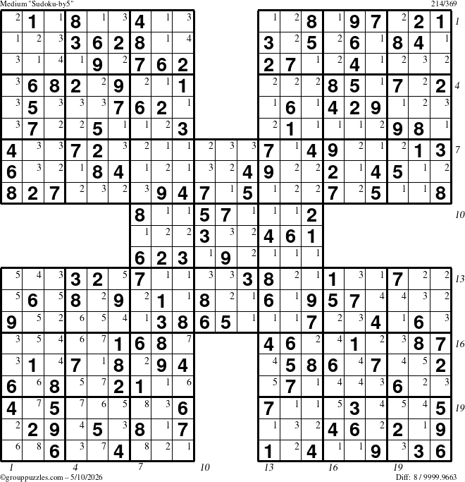 The grouppuzzles.com Medium Sudoku-by5 puzzle for Sunday May 10, 2026 with all 8 steps marked