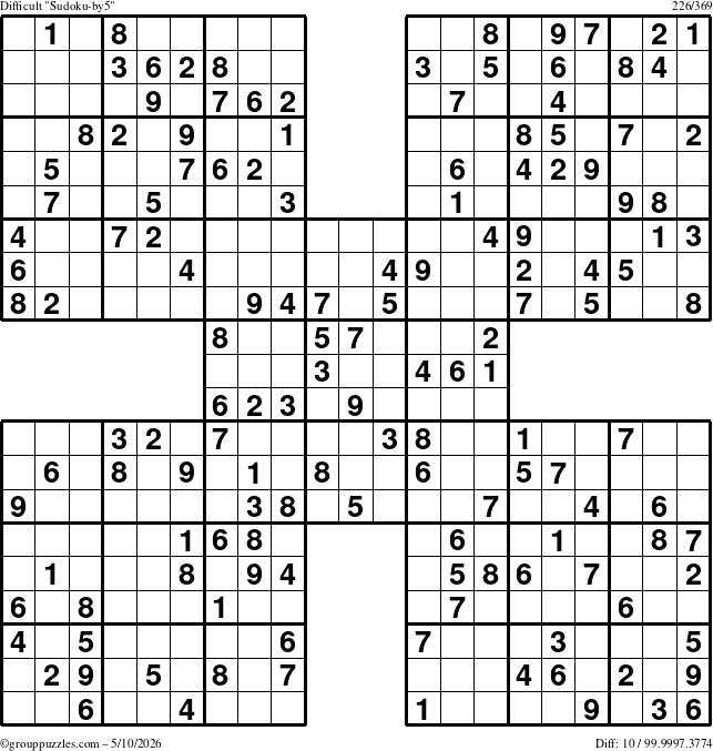 The grouppuzzles.com Difficult Sudoku-by5 puzzle for Sunday May 10, 2026
