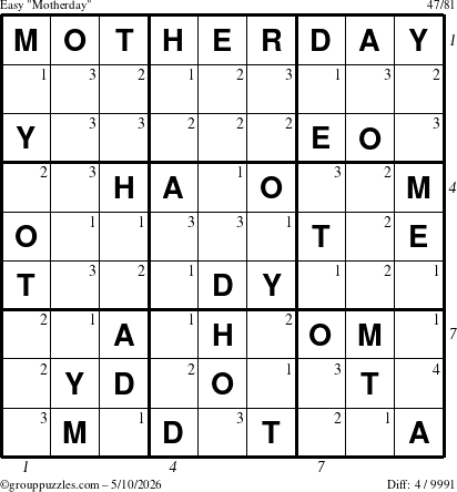 The grouppuzzles.com Easy Motherday puzzle for Sunday May 10, 2026 with all 4 steps marked