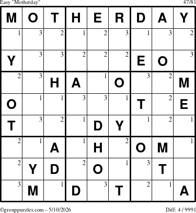 The grouppuzzles.com Easy Motherday puzzle for Sunday May 10, 2026 with the first 3 steps marked