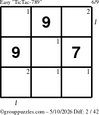 The grouppuzzles.com Easy TicTac-789 puzzle for Sunday May 10, 2026, suitable for printing, with all 2 steps marked