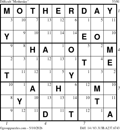 The grouppuzzles.com Difficult Motherday puzzle for Sunday May 10, 2026, suitable for printing, with all 14 steps marked