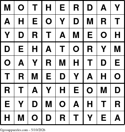 The grouppuzzles.com Answer grid for the Motherday puzzle for Sunday May 10, 2026