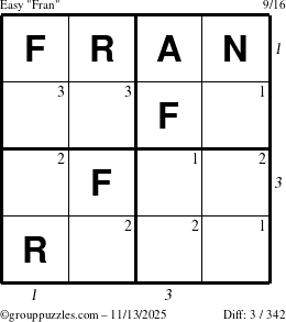 The grouppuzzles.com Easy Fran puzzle for Thursday November 13, 2025, suitable for printing, with all 3 steps marked