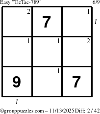 The grouppuzzles.com Easy TicTac-789 puzzle for Thursday November 13, 2025 with all 2 steps marked