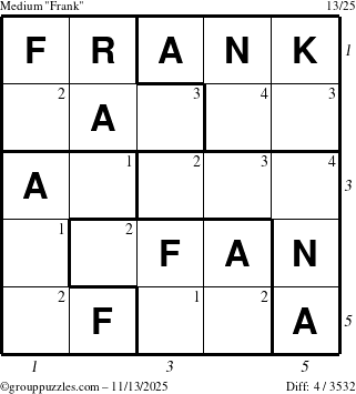 The grouppuzzles.com Medium Frank puzzle for Thursday November 13, 2025, suitable for printing, with all 4 steps marked