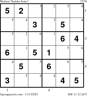 The grouppuzzles.com Medium Sudoku-Junior puzzle for Thursday November 13, 2025 with all 6 steps marked