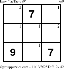 The grouppuzzles.com Easy TicTac-789 puzzle for Thursday November 13, 2025 with the first 2 steps marked