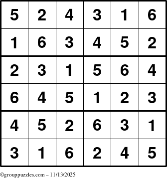 The grouppuzzles.com Answer grid for the Sudoku-Junior puzzle for Thursday November 13, 2025