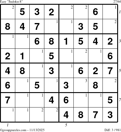 The grouppuzzles.com Easy Sudoku-8 puzzle for Thursday November 13, 2025, suitable for printing, with all 3 steps marked