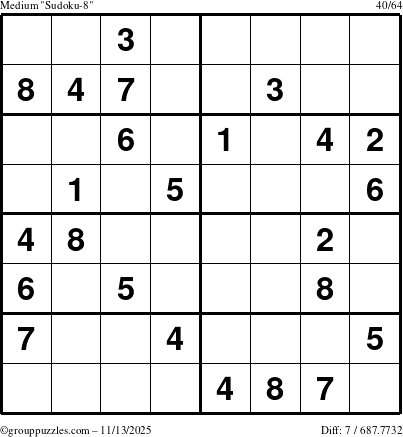The grouppuzzles.com Medium Sudoku-8 puzzle for Thursday November 13, 2025