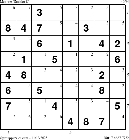 The grouppuzzles.com Medium Sudoku-8 puzzle for Thursday November 13, 2025, suitable for printing, with all 7 steps marked