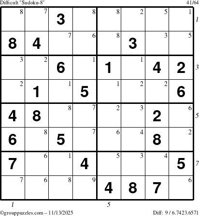The grouppuzzles.com Difficult Sudoku-8 puzzle for Thursday November 13, 2025, suitable for printing, with all 9 steps marked