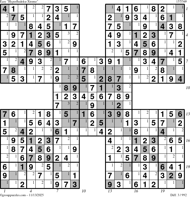 The grouppuzzles.com Easy cover-HyperXtreme puzzle for Thursday November 13, 2025 with all 3 steps marked