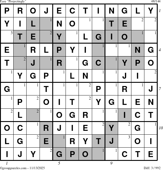 The grouppuzzles.com Easy Projectingly puzzle for Thursday November 13, 2025 with all 3 steps marked