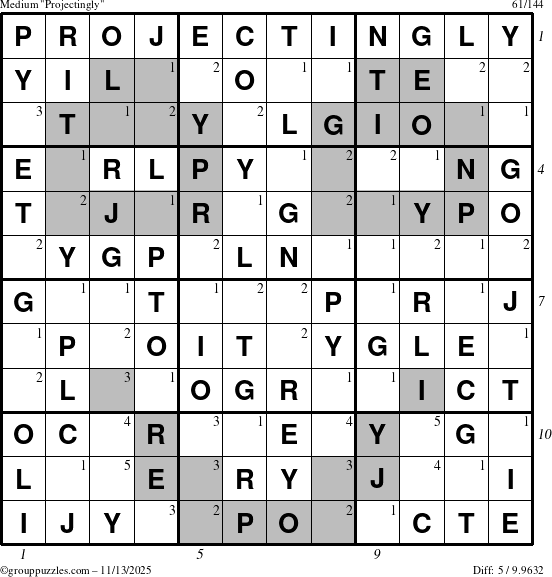 The grouppuzzles.com Medium Projectingly puzzle for Thursday November 13, 2025, suitable for printing, with all 5 steps marked