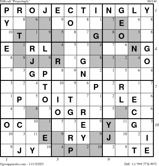 The grouppuzzles.com Difficult Projectingly puzzle for Thursday November 13, 2025, suitable for printing, with all 11 steps marked