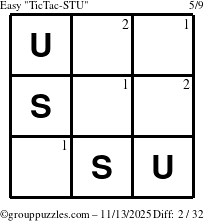 The grouppuzzles.com Easy TicTac-STU puzzle for Thursday November 13, 2025 with the first 2 steps marked