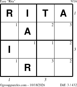 The grouppuzzles.com Easy Rita puzzle for Sunday October 18, 2026 with all 3 steps marked