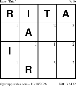 The grouppuzzles.com Easy Rita puzzle for Sunday October 18, 2026 with the first 3 steps marked