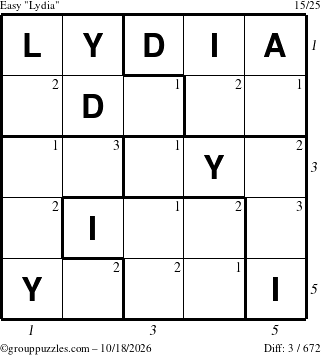 The grouppuzzles.com Easy Lydia puzzle for Sunday October 18, 2026, suitable for printing, with all 3 steps marked