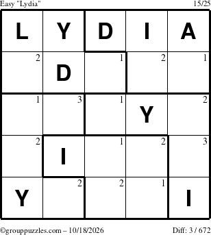 The grouppuzzles.com Easy Lydia puzzle for Sunday October 18, 2026 with the first 3 steps marked