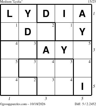 The grouppuzzles.com Medium Lydia puzzle for Sunday October 18, 2026 with all 5 steps marked