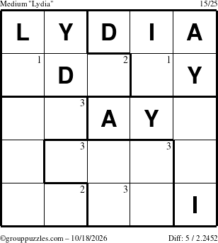 The grouppuzzles.com Medium Lydia puzzle for Sunday October 18, 2026 with the first 3 steps marked