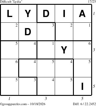 The grouppuzzles.com Difficult Lydia puzzle for Sunday October 18, 2026, suitable for printing, with all 6 steps marked