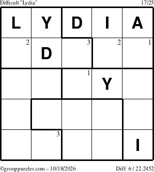 The grouppuzzles.com Difficult Lydia puzzle for Sunday October 18, 2026 with the first 3 steps marked