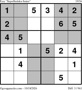 The grouppuzzles.com Easy SuperSudoku-Junior puzzle for Sunday October 18, 2026