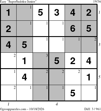 The grouppuzzles.com Easy SuperSudoku-Junior puzzle for Sunday October 18, 2026 with all 3 steps marked