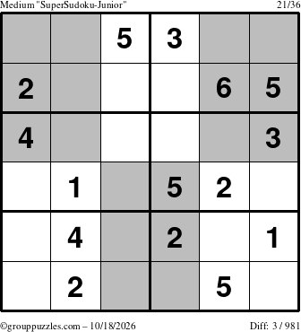 The grouppuzzles.com Medium SuperSudoku-Junior puzzle for Sunday October 18, 2026