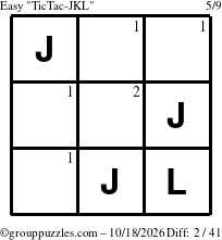 The grouppuzzles.com Easy TicTac-JKL puzzle for Sunday October 18, 2026 with the first 2 steps marked