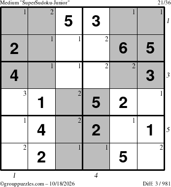 The grouppuzzles.com Medium SuperSudoku-Junior puzzle for Sunday October 18, 2026, suitable for printing, with all 3 steps marked