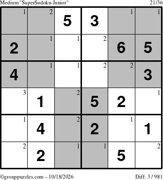 The grouppuzzles.com Medium SuperSudoku-Junior puzzle for Sunday October 18, 2026 with the first 3 steps marked