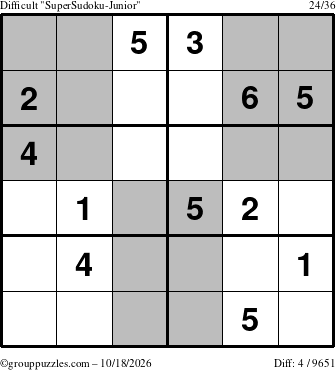 The grouppuzzles.com Difficult SuperSudoku-Junior puzzle for Sunday October 18, 2026